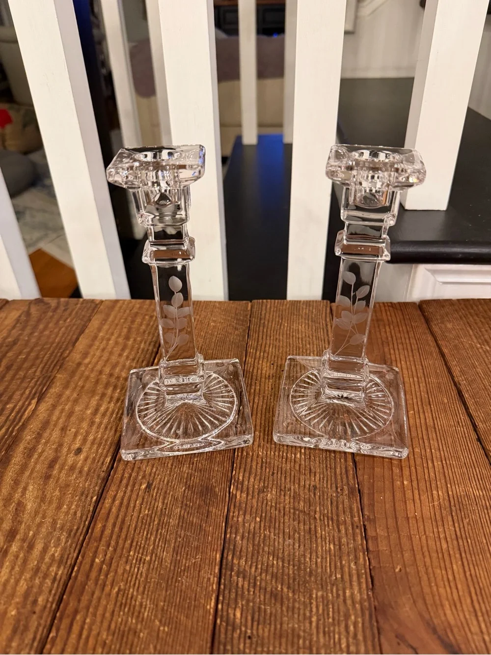 Pair of Vintage Clear Glass Etched Floral Candlesticks